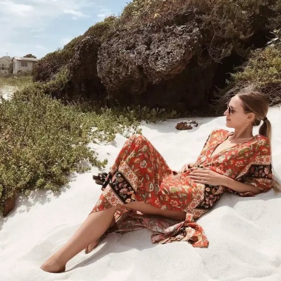 SOLD OUT Red Bohemian Floral Open Back Kimono Maxi Dress - Picture 4 of 5